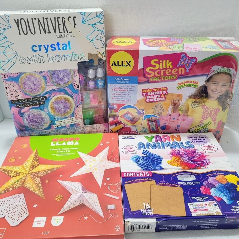Craft Kit Lot for Kids – Bath Bombs, Yarn Animals, Star Lights, Silk Screen, DIY
